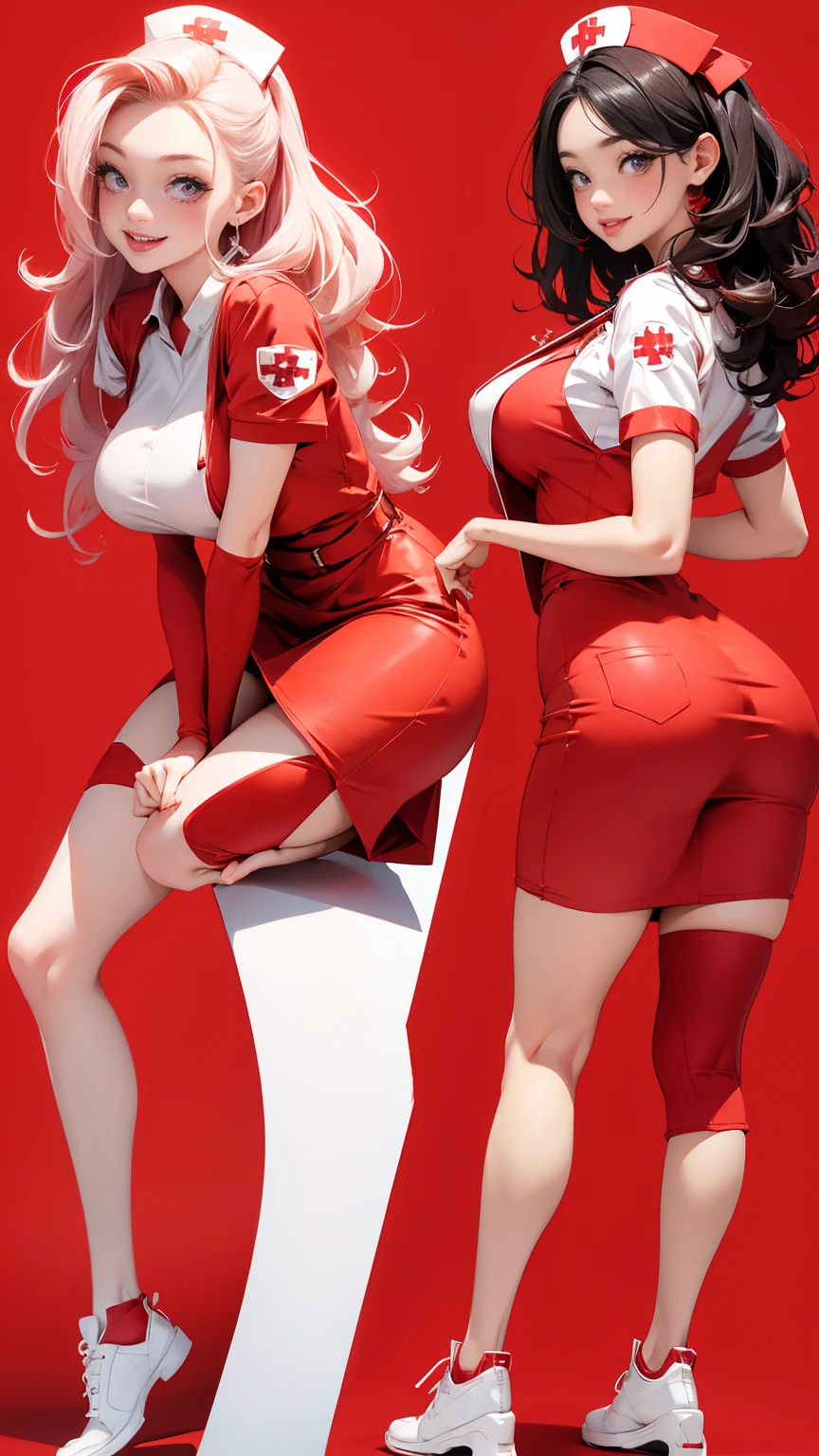 ((full_body))、Cute Woman、red_background、big_breasts、Detailed_skin、Detailed_Eye、Detailed_hair、(nurse_custom)、POP、vivid、smile、sexy_pose、服が破けている、tongue
