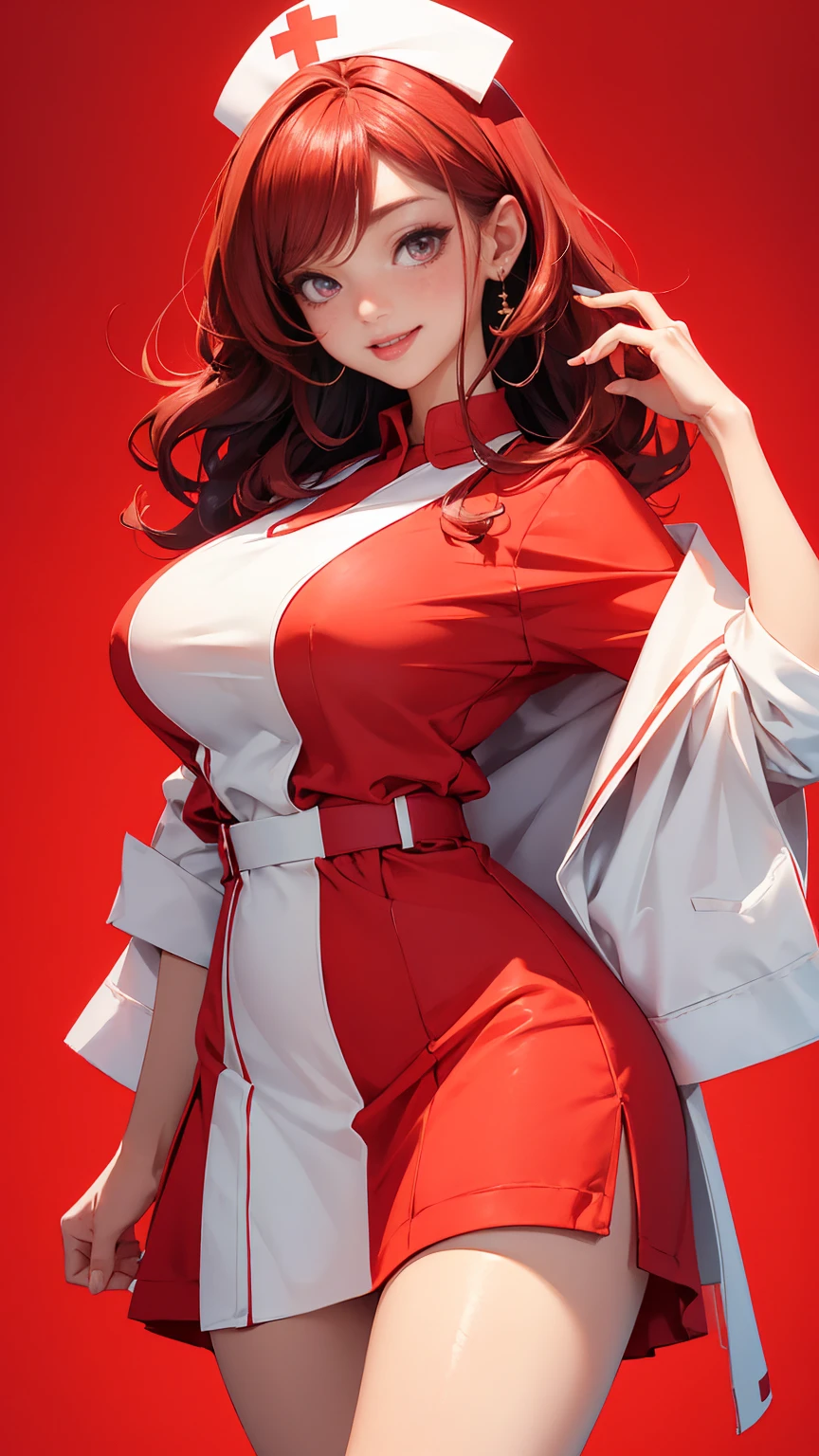((full_body))、Cute Woman、red_background、big_breasts、Detailed_skin、Detailed_Eye、Detailed_hair、(nurse_custom)、POP、vivid、smile、sexy_pose、服が破けている、tongue