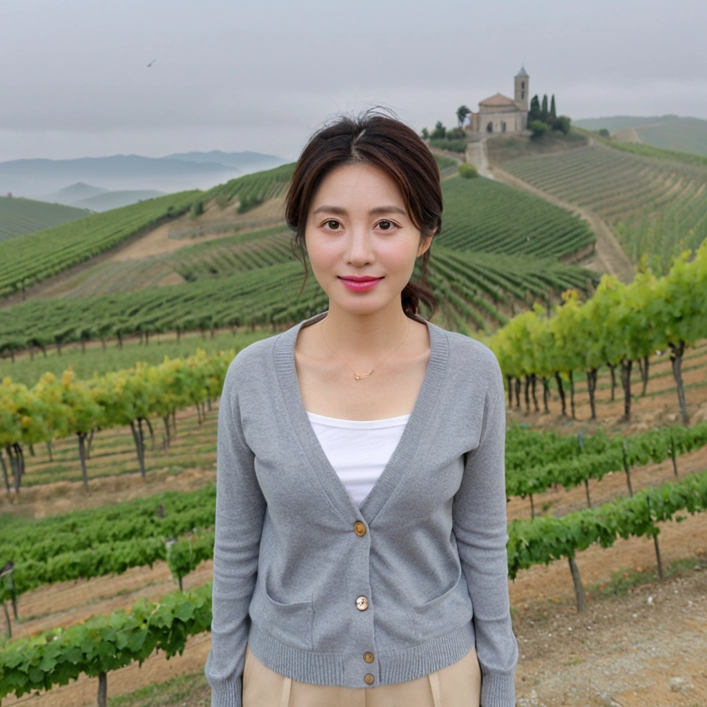 8k best picture quality, Beautiful 36-year-old Korean woman, You have good skin and big and pretty eyes... Chest size 34 inches, italian countryside, past the vineyard, The cathedral can be seen in the distance in the thick fog..., The background is realistic and vivid quality.., Short and medium hair blowing in the wind, I neatly wore a short, high-quality cardigan over a T-shirt that went up to my neck... beige casual pants, smile. the background is clear, Short and slim Korean woman, stand far away, Photo taken with a wide-angle lens, A woman with big and pretty eyes, eyes are round and big, Shot standing on a hill overlooking a vineyard covered in thick fog, Full body photo taken with Canon Mark 5 camera 16-35 wide angle lens