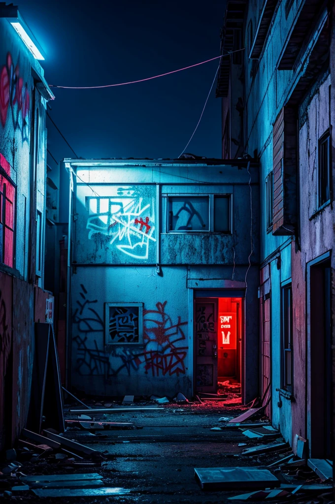 Night time scene, masterpiece, high quality, light blue and red lighting, abandoned house, window in center, graffiti in the background, Anime style, inside the building, Cyberpunk aesthetic