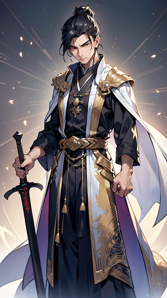 

**Appearance:**
The protagonist is a young man in his early twenties, with a lean and athletic build that reflects his agility and strength. He has strikingly sharp features with high cheekbones, a straight nose, and piercing almond-shaped eyes that give off a sense of determination and intelligence. His eyes are a deep, intense black that seem to hold an endless depth. His jet-black hair is long and tied into a traditional topknot, with a few loose strands framing his face.

**Clothing:**
He wears traditional Chinese Hanfu, characterized by its elegance and intricate design. His attire consists of:

- **Inner Garment:** A white silk inner robe with long sleeves, visible at the neckline and cuffs of his outer robe.
- **Outer Robe:** A dark blue outer robe made of fine brocade fabric, adorned with delicate silver embroidery depicting mythical creatures and cloud patterns. The robe flows gracefully down to his ankles.
- **Belt:** A wide, black silk belt with an intricate knot at the front, holding the robes securely in place.
- **Overcoat:** A light, flowing overcoat in a shade of deep blue, almost black, with silver embroidery along the edges and sleeves, adding a regal touch to his appearance.
- **Footwear:** Traditional black cloth shoes, soft yet durable, designed for both comfort and movement.

**Accessories:**
- **Sword:** He carries a traditional Chinese sword (jian) with an ornate hilt and scabbard. The scabbard is made of dark wood, embellished with silver inlays that match the embroidery on his robe. The sword hangs from his belt, ready to be drawn at a moment’s notice.
- **Hairpin:** A silver hairpin keeps his topknot in place, featuring a small dragon design, symbolizing his strength and noble spirit.
- **Pendant:** A jade pendant hangs from his belt, engraved with protective symbols and bringing good luck and fortune.

**Aura and Expression:**
He exudes an aura of confidence and calm, with a steady gaze that reflects his wisdom and experience. Despite h