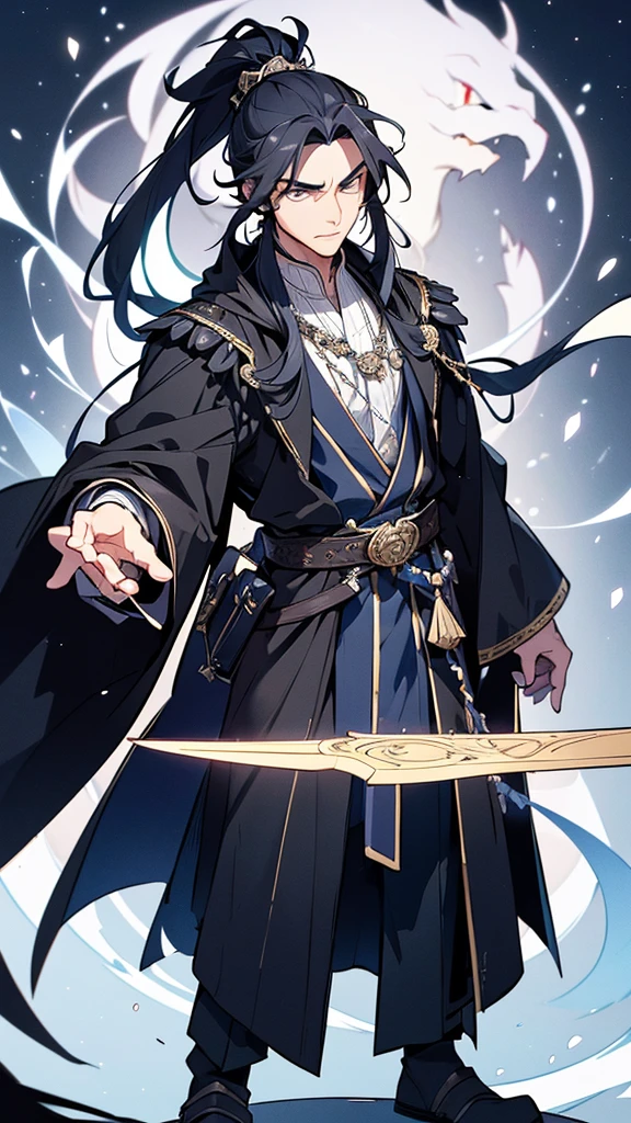 **Appearance:**
The protagonist is a young man in his early twenties, with a lean and athletic build that reflects his agility and strength. He has strikingly sharp features with high cheekbones, a straight nose, and piercing almond-shaped eyes that give off a sense of determination and intelligence. His eyes are a deep, intense black that seem to hold an endless depth. His jet-black hair is long and tied into a traditional topknot, with a few loose strands framing his face.
**Clothing:**
He wears traditional Chinese Hanfu, characterized by its elegance and intricate design. His attire consists of:
- **Inner Garment:** A white silk inner robe with long sleeves, visible at the neckline and cuffs of his outer robe.
- **Outer Robe:** A dark blue outer robe made of fine brocade fabric, adorned with delicate silver embroidery depicting mythical creatures and cloud patterns. The robe flows gracefully down to his ankles.
- **Belt:** A wide, black silk belt with an intricate knot at the front, holding the robes securely in place.
- **Overcoat:** A light, flowing overcoat in a shade of deep blue, almost black, with silver embroidery along the edges and sleeves, adding a regal touch to his appearance.
- **Footwear:** Traditional black cloth shoes, soft yet durable, designed for both comfort and movement.
**Accessories:**
- **Sword:** He carries a traditional Chinese sword (jian) with an ornate hilt and scabbard. The scabbard is made of dark wood, embellished with silver inlays that match the embroidery on his robe. The sword hangs from his belt, ready to be drawn at a moment’s notice.
- **Hairpin:** A silver hairpin keeps his topknot in place, featuring a small dragon design, symbolizing his strength and noble spirit.
- **Pendant:** A jade pendant hangs from his belt, engraved with protective symbols and bringing good luck and fortune.
**Aura and Expression:**
He exudes an aura of confidence and calm, with a steady gaze that reflects his wisdom and experience. Despite h