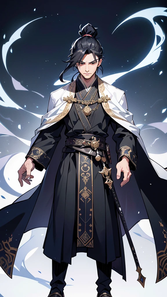 **Appearance:**
The protagonist is a young man in his early twenties, with a lean and athletic build that reflects his agility and strength. He has strikingly sharp features with high cheekbones, a straight nose, and piercing almond-shaped eyes that give off a sense of determination and intelligence. His eyes are a deep, intense black that seem to hold an endless depth. His jet-black hair is long and tied into a traditional topknot, with a few loose strands framing his face.
**Clothing:**
He wears traditional Chinese Hanfu, characterized by its elegance and intricate design. His attire consists of:
- **Inner Garment:** A white silk inner robe with long sleeves, visible at the neckline and cuffs of his outer robe.
- **Outer Robe:** A dark blue outer robe made of fine brocade fabric, adorned with delicate silver embroidery depicting mythical creatures and cloud patterns. The robe flows gracefully down to his ankles.
- **Belt:** A wide, black silk belt with an intricate knot at the front, holding the robes securely in place.
- **Overcoat:** A light, flowing overcoat in a shade of deep blue, almost black, with silver embroidery along the edges and sleeves, adding a regal touch to his appearance.
- **Footwear:** Traditional black cloth shoes, soft yet durable, designed for both comfort and movement.
**Accessories:**
- **Sword:** He carries a traditional Chinese sword (jian) with an ornate hilt and scabbard. The scabbard is made of dark wood, embellished with silver inlays that match the embroidery on his robe. The sword hangs from his belt, ready to be drawn at a moment’s notice.
- **Hairpin:** A silver hairpin keeps his topknot in place, featuring a small dragon design, symbolizing his strength and noble spirit.
- **Pendant:** A jade pendant hangs from his belt, engraved with protective symbols and bringing good luck and fortune.
**Aura and Expression:**
He exudes an aura of confidence and calm, with a steady gaze that reflects his wisdom and experience. Despite h