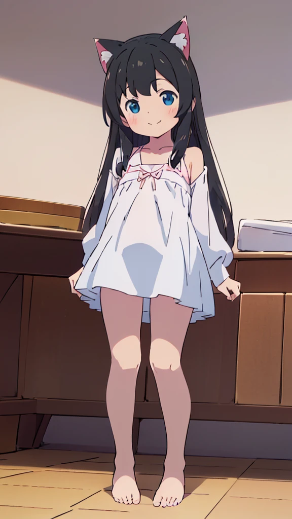 ((masterpiece))((Highest quality))Cat ear、girl、smile、blush、Flat Chest、Are thin、、low length、Black Hair、Leg-length hair、Embarrassed、Are standing、Whole body image、Even your toes are visible、Eye level on face、front、No background、mayonnaise、真frontのアングル