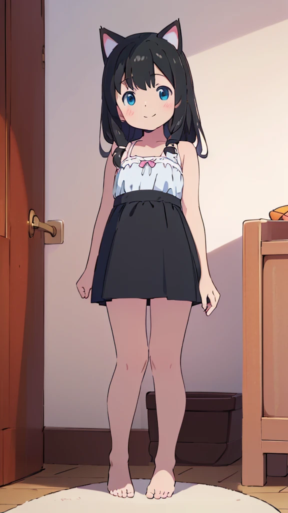 ((masterpiece))((Highest quality))Cat ear、girl、smile、blush、Flat Chest、Are thin、、low length、Black Hair、Leg-length hair、Embarrassed、Are standing、Whole body image、Even your toes are visible、Eye level on face、front、No background、mayonnaise、真frontのアングル