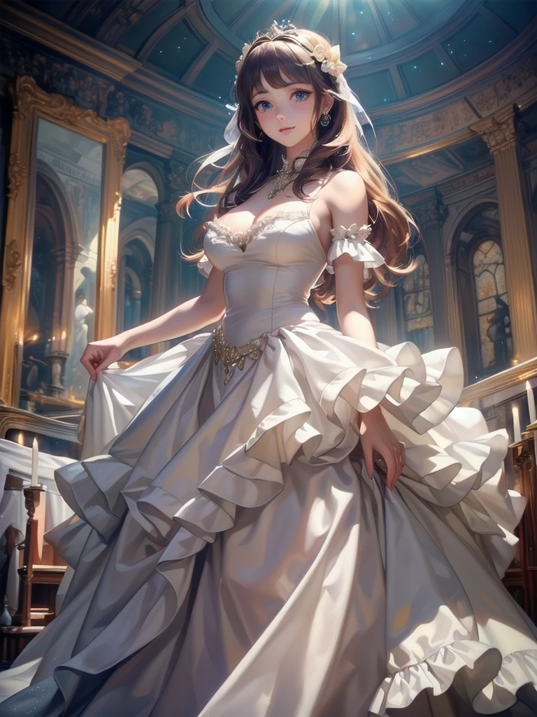 (((Dress Transparent Dress))), (((The dress features a voluminous hoop skirt and a long hem.、A gorgeous, incomparably gorgeous Rococo Victorian gown, Princess style skirt))), (ガウン shine まばゆいばかりに キラキラ 反射する プリズム状 透明 ガウン:1.2), (Gown A very elaborate gown:1.5), ((Huge breasts)), (Expressive hair), Very voluminous、Very long hair, bangs, Super delicate and beautiful face, Beautiful Lips, (Hyper Detail: Delicate and beautiful eyes), Cleavage, Beautiful smile, (((Young Face, Solo Enchanting Adorable Princess, age Girl, pretty girl, very pretty girl))), (Anime Moe Art Style 1.3), (((masterpiece, Super detailed, Highest quality, Ultra-high resolution, Great quality, Exceptional Quality, Super detailed, Ultra-high resolution, Unity 16K, 32k, ultra photo Realistic))), (Face Focus, Eye focus, Realistic, Blurred Background, Lens flare, shine, Light caustic effect:1.5), (Background of the church at night:1.3),
