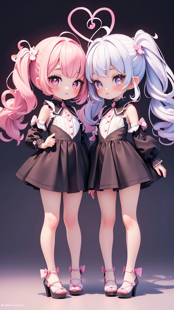 ((petite bishojo, little 2girls)), ((cute face)), ((heart shaped pupils)), ((masterpiece)), ((best quality)), ((ultra detailed)), ((exquisite)), ((depth)), ((crisp)), ((8k)), ((beautiful and aesthetic)), ((super detailed skin)), ((high standard)), ((highres)), ((perfect anatomy)), (full body), (blush), (lipstick), (sickly cute), ((kawaii pose)), (white, blue, black)