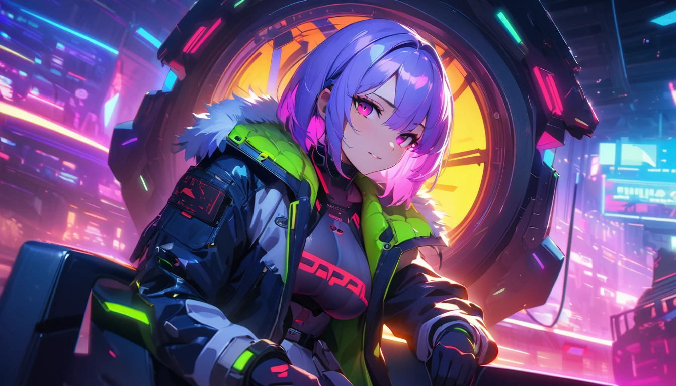шедевр, Лучшее качество, 1 девушка, anime girl with purple hair sitting on a chair in front of a space ship, oppai cyberpunk, cyberpunk anime art, anime cyberpunk art, digital cyberpunk - anime art, digital cyberpunk anime art, cyberpunk anime girl, anime cyberpunk, female cyberpunk anime girl, digital cyberpunk anime!!, cyberpunk anime girl mech, smooth anime cg art, cyberpunk beautiful girl, detailed digital anime art, dreamy cyberpunk girl, cyberpunk girl, modern cyberpunk anime, detailed anime artwork, anime art wallpaper 4k, anime art wallpaper 4 k, ( ( cyberpunk ) )、высшее качество、Высочайшие стандарты、Высочайшее качество изображения、стол、сложные детали、высокое разрешение、Глубина поля、естественный мягкий свет、профессиональное освещение、О, стоя, very длинные волосы, ковбойский выстрел, блестящий, блестящий hair, (ночь:1.2),мечтательный, [[нежные пальцы и руки:0.55]::0.85],(детальные пальцы),),(эмоциональный),(захватывающий),(основная часть:1.2) все тело.), (Anime Style), (Super Detailed), (Brutal), (UHD, HDR), (8K), (High Resolution: 1.2), (Complex and Beautiful: 1.2)