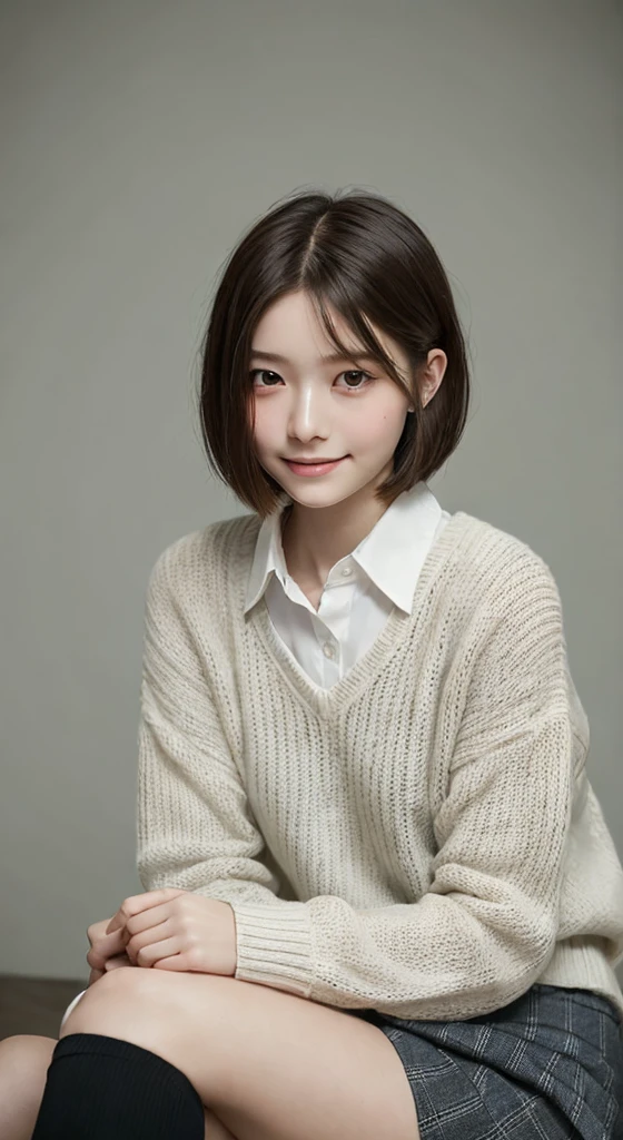 (masterpiece, Highest quality:1.2), Surreal school girl, alone, One girl,Ultra mini skirt,I can see your pants , (Glossy Skin 1.2), sweating, smile, View your viewers , Knee socks, afternoon, young woman, youthful, innocent appearance, short straight bob haircut, soft delicate facial features, gentle expression, casual cozy sweater, collared shirt, warm soft color palette, calm serene atmosphere, thoughtful contemplation
