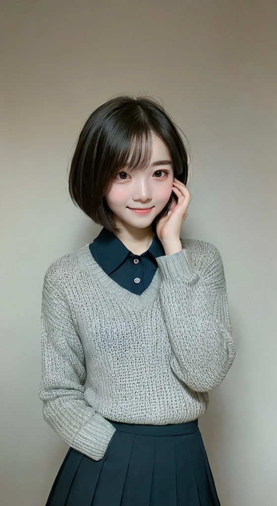 ((highest quality、Masterpiece、High resolution))、(((Zoom photo of upper body)))、A shy smile、15 years old、Large Breasts、Sweater with border pattern、Black Hair、Trimmed bangs、short hair