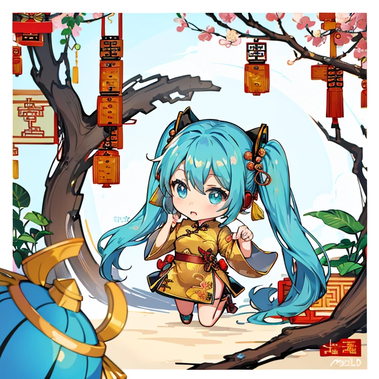ビーチバレー, (China dress:1.5), Hatsune Miku, (chibi:1.5), full body, Big Eyes, (masterpiece), highest quality