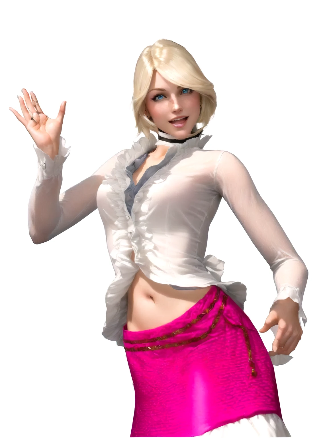 she's European, pale blonde hair, blue eyes, swedish, as a character in Out Run 2, of SEGA, 3D CG from the 2000s, Jennifer, 2k, 2 k, slightly open mouth smiling", realistic, render of april, fighting game character, nina from tekken, cold and a bit sexy, v from devil may cry, (a stern look),(swaving hello with left hand, open palm)