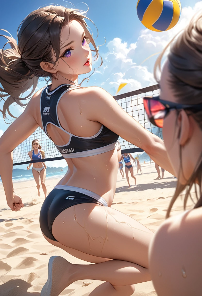 beautiful cute girl beach volleyball player on a beach volleyball court, girl playing beach volleyball, girl running and jumping on the beach volleyball court, (hit the volleyball):1.3 back into the opponent's court, , intense beach volleyball action:1.2, sand flying as they move, sweat-glistened bodies, sand clinging to their skin, beautiful detailed(cute face, eyes, longeyelash, lips, body), detailed beach volleyball court and net, (highest quality,16k,highres,masterpiece:1.2),ultra-detailed,(ultra-realistic,photo-realistic:1.37),dynamic action shot, vibrant colors, warm lighting, stunning beach scenery,