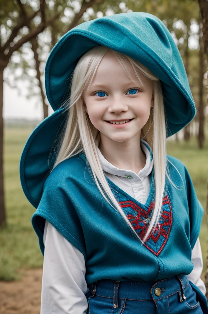 Portrait of a beautiful albino girl of with big blue eyes looking seductive with a smile wearing blue pants and blue and red poncho with a green beret