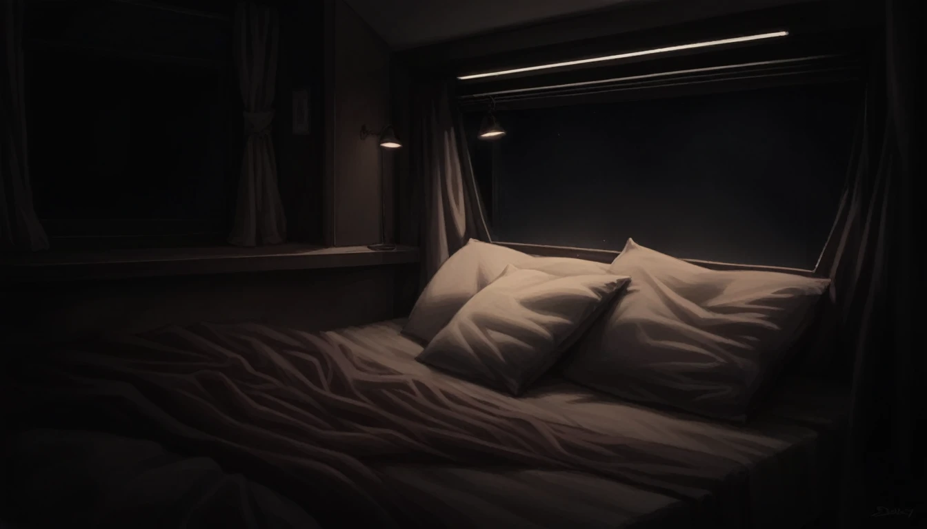 there is a bed with pillows and a blanket in a dark room, dimly lit bedroom, soft ambient lighting, comfy lighting, ambient lighting at night, lit up in a dark room, dramatic ambient lighting, night fill lighting, dimly lit room, bright ambient lighting, dark bedroom, cozy bed, comfy ambience, mysterious ambient lighting, lit in a dawn light