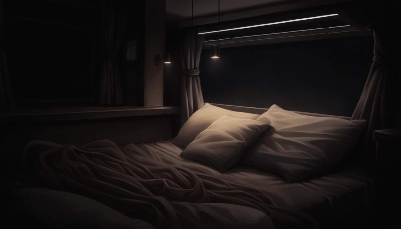 there is a bed with pillows and a blanket in a dark room, dimly lit bedroom, soft ambient lighting, comfy lighting, ambient lighting at night, lit up in a dark room, dramatic ambient lighting, night fill lighting, dimly lit room, bright ambient lighting, dark bedroom, cozy bed, comfy ambience, mysterious ambient lighting, lit in a dawn light