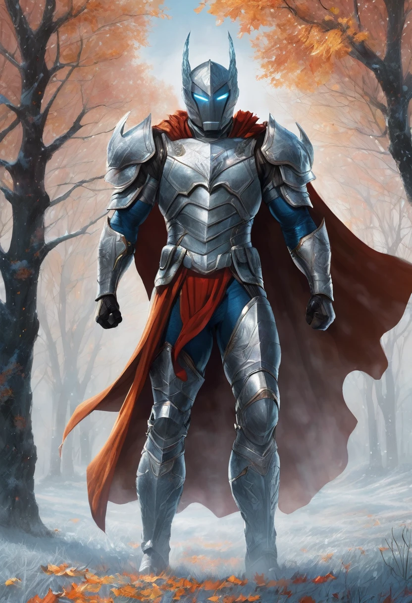 A superhero clad in armor resembling autumn leaves and early frost. They stand in a frost-covered field, with bare trees and a cold, crisp morning air. Their breath is visible, and their hands emit a frosty mist, preparing to defend against the coming winter