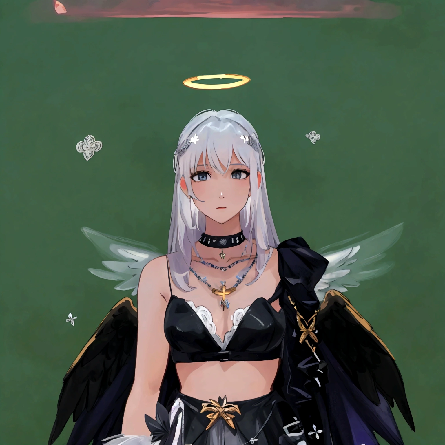 there is a woman with a angel wings and a necklace, wearing angel halo, angelic halo, npc with a saint's halo, angel halo, npc with a saint\'s halo, wearing angel, villainess has black angel wings, as a mystical valkyrie, angel themed, high angel distant shot, background is heavenly, wearing angel halo covered face, full - body majestic angel