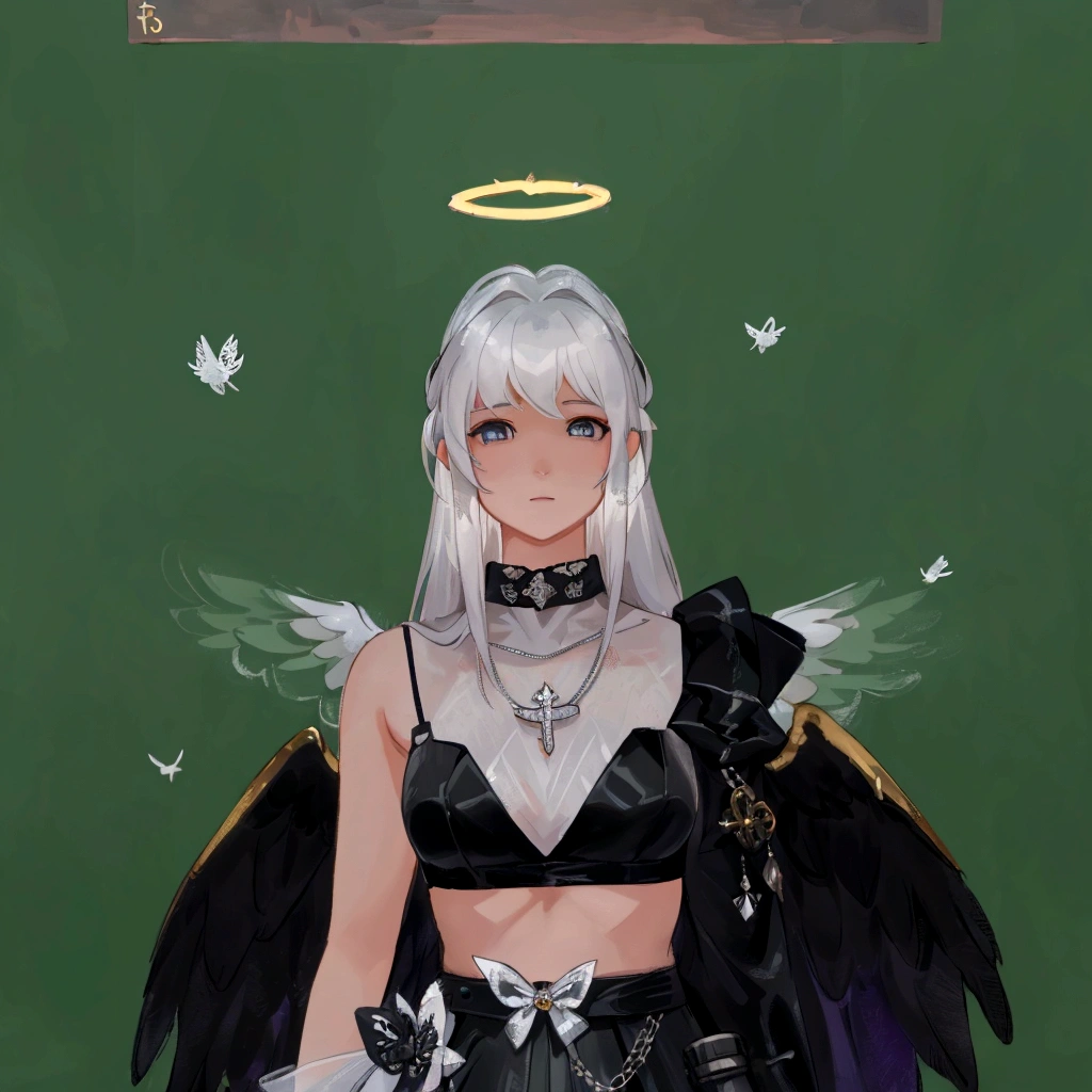 there is a woman with a angel wings and a necklace, wearing angel halo, angelic halo, npc with a saint's halo, angel halo, npc with a saint\'s halo, wearing angel, villainess has black angel wings, as a mystical valkyrie, angel themed, high angel distant shot, background is heavenly, wearing angel halo covered face, full - body majestic angel