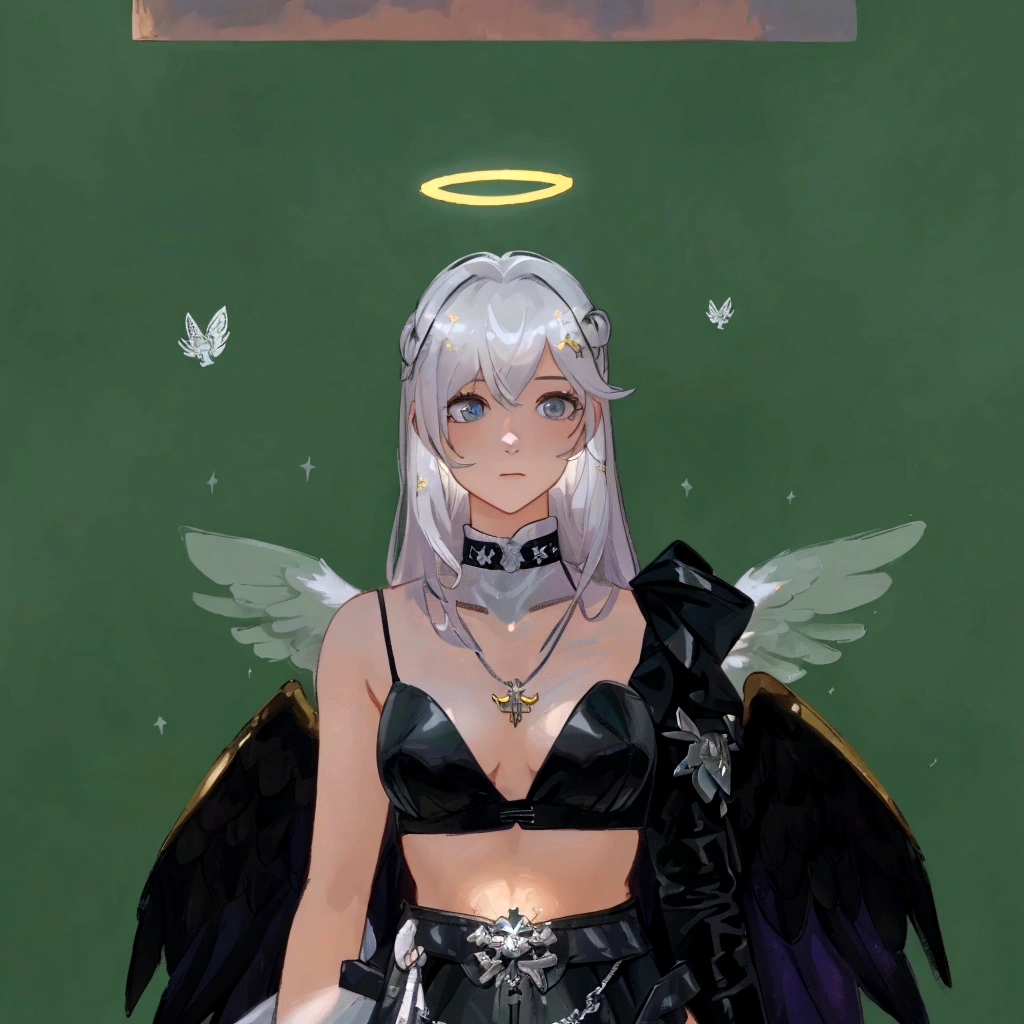 there is a woman with a angel wings and a necklace, wearing angel halo, angelic halo, npc with a saint's halo, angel halo, npc with a saint\'s halo, wearing angel, villainess has black angel wings, as a mystical valkyrie, angel themed, high angel distant shot, background is heavenly, wearing angel halo covered face, full - body majestic angel