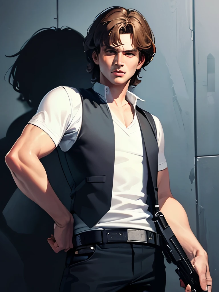 Masterpiece,man, han solo, Star Wars, wearing a black vest,(( a white short-sleeved shirt, and is holding a gun.