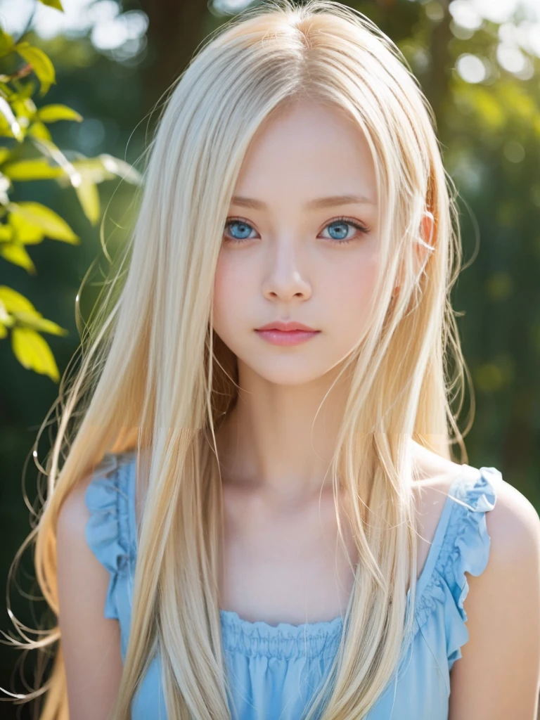 beautiful Scandinavian girl with beautiful bright blonde hair.、セクシーでとてもbeautiful輝くかわいい顔、Beautiful, glowing skin、Mysterious blonde light reflecting dazzlingly、beautiful, Cute and sexy, Large, shining, pale, light blue eyes、Very big eyes、beautiful super long shiny silky blonde hair、Swing your bangs in front of your eyes、セクシーな16歳のかわいいbeautiful女の子、blonde hair above eyes、片blonde hair above eyes、Blonde hair between the eyes、Cheek highlight、Small Face Beauty