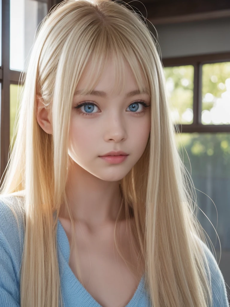 beautiful Scandinavian girl with beautiful bright blonde hair.、セクシーでとてもbeautiful輝くかわいい顔、Beautiful, glowing skin、Mysterious blonde light reflecting dazzlingly、beautiful, Cute and sexy, Large, shining, pale, light blue eyes、Very big eyes、beautiful super long shiny silky blonde hair、Swing your bangs in front of your eyes、セクシーな16歳のかわいいbeautiful女の子、blonde hair above eyes、片blonde hair above eyes、Blonde hair between the eyes、Cheek highlight、Small Face Beauty
