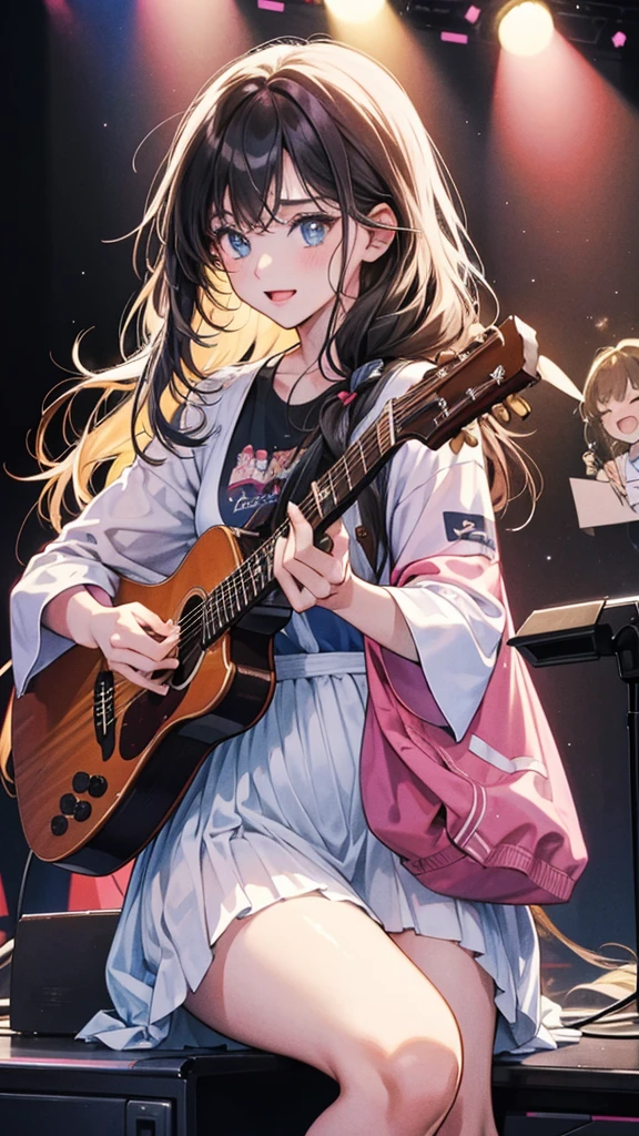 **background**:Live music from the 1990s、Enthusiastic fans and the stage
**woman**:Long Hair、バンドTシャツとデニムジャケットを着た若いwomanが、Surrounded by the excitement of a live show