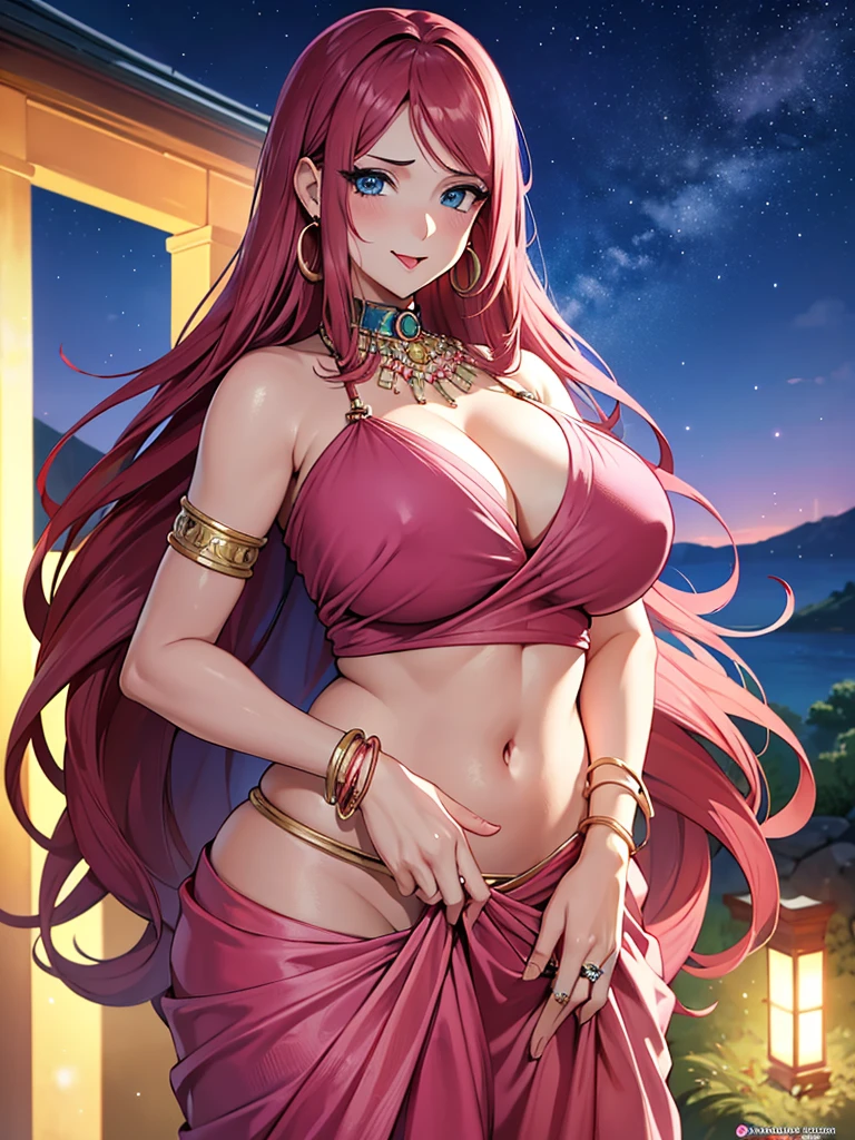 (absurderes, A high resolution, Ultra detailed, hdr), Masterpiece, Best quality, Portrait of an Indian uzumaki_kushina, extreme realistic very beautiful, animated style, closeup shot, anime in a(((pink))) indian dress (((saree))), long black wavy hair untied, head jewellery, necklace, earings, armlets, bangles and bracelets, rings, pleasant expression, bright big blue eyes, natural beauty, vibrant colors,night sky, romantic, soft lighting, vintage aesthetic,huge breast,navel, cleavage ,standing ,mouth open, saliva,tongue out,face on front