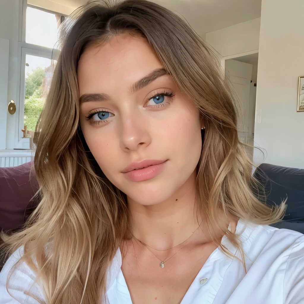((best quality)), ((head of'artwork)), (detailed), 1fille, cheveux blonds, young, 20 ans, instagramart, selfie dans chambre