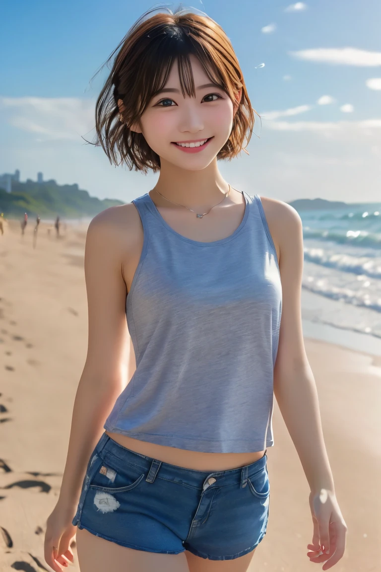  Adorable, Seaside,  Japanese Girls, (Portraiture, close:1.2),Exposed forehead,Medium Hair ,( cheek,Glossy Lips:1),  All Nude,  View your viewers,  ,Sweaty, (Baby Face),   (Embarrassing, smile:0.7), (Pale skin:1), (Put your hands behind your back), sunset,  catch_Light, (Thin pubic hair)