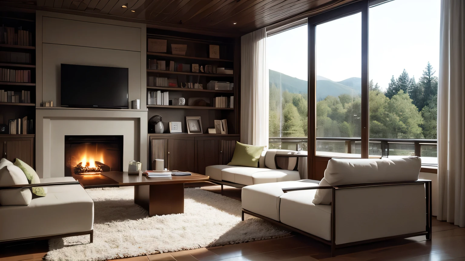 "A warm and cozy modern living room during twilight. Large windows reveal a serene forest landscape with the soft, fading light of dusk filtering in. A gentle fireplace flame adds warmth to the room. An L-shaped sofa with cushions and a blanket sits beside a wooden coffee table, which holds books and a coffee cup. The wall features bookshelves filled with numerous books, and there is a TV monitor mounted on the wall. The space exudes a relaxing and tranquil atmosphere."
Details:
Setting and Theme: Modern living room during twilight
Furniture and Layout: L-shaped sofa, cushions, blanket, wooden coffee table, books, coffee cup, fireplace, bookshelves, TV monitor
Ambiance: Warm, cozy, relaxing, tranquil
View Outside the Window: Serene forest landscape at dusk
Lighting: Soft, fading light of dusk, gentle fireplace flame