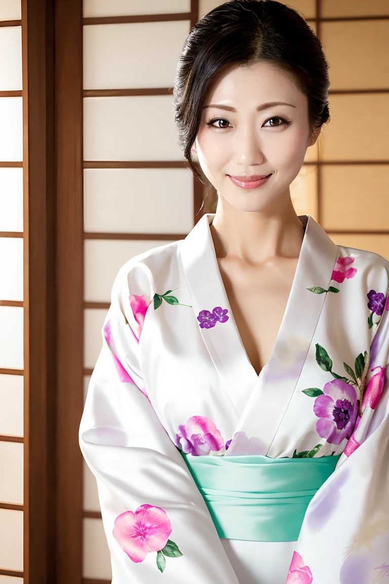 (最high quality、Tabletop、8K、Best image quality、Award-winning works)、(一人のbeautiful成熟した女性:1.1)、Adult face、(Innkeeper:1.1)、(Elegant floral kimono:1.2)、(V-neck collared kimono:1.4)、Perfect mature woman portrait photo、Glowing Skin、Standing Elegantly、(Blurred elegant and exquisite perfect Japanese style room background:1.3)、(The most natural and perfect tidy Japanese style room background:1.2)、Glowing White Skin、Very white skin、(Accentuate your body lines:1.1)、(The most graceful posture:1.2)、(Large Breasts:1.2)、A perfect smile、完璧なbeautiful光沢のある唇、(Accurate anatomy:1.2)、(Standing with good posture:1.1)、(beautiful, high quality, Large kimono obi:1.2)、(完璧で自然なbeautiful袖:1.2)、(Chignon:1.1)、(Close-up of face:1.3)、(Vネックの着物からCleavageを露出する:1.4)、(Cleavage:1.2)
