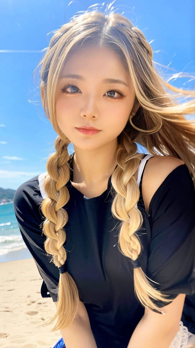 Sexy Big 、Sexy cute looks and cute 15 year old beautiful girl, beautiful and sexy face、A strong wind blows my hair in front of my face、beautiful long blonde French braided hair、beautiful, Cute and sexy eyes hidden behind long bangs