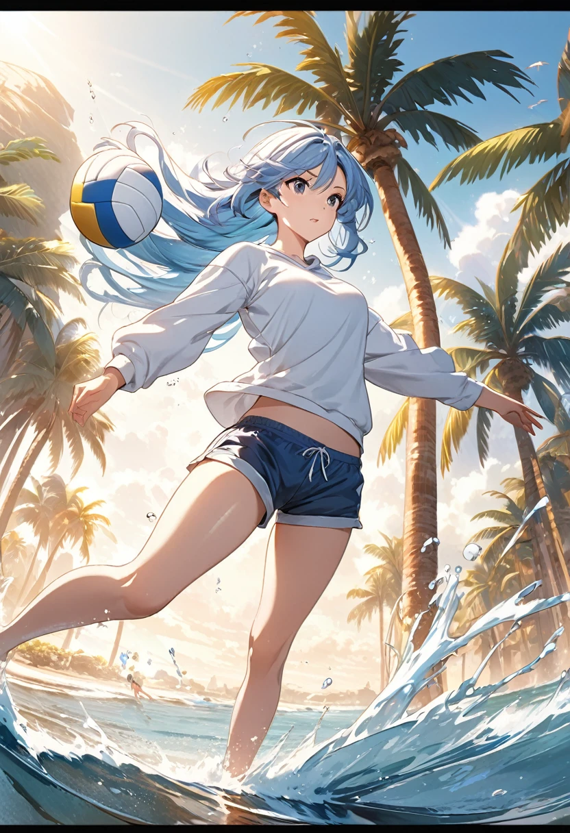 ( Correct and perfect anatomy )An attractive anime girl wearing a white sweatshirt and shorts plays volleyball while standing on the beach(sea water splash) Showing the dynamic posture of playing volleyball, light blue wavy long hair flying quickly, with a sense of speed, dynamic action posture, Distant view of beach with palm trees super detailed，complicated，Film perspective，The use of light and shadow in CG art is bright, High-quality animation style presentation