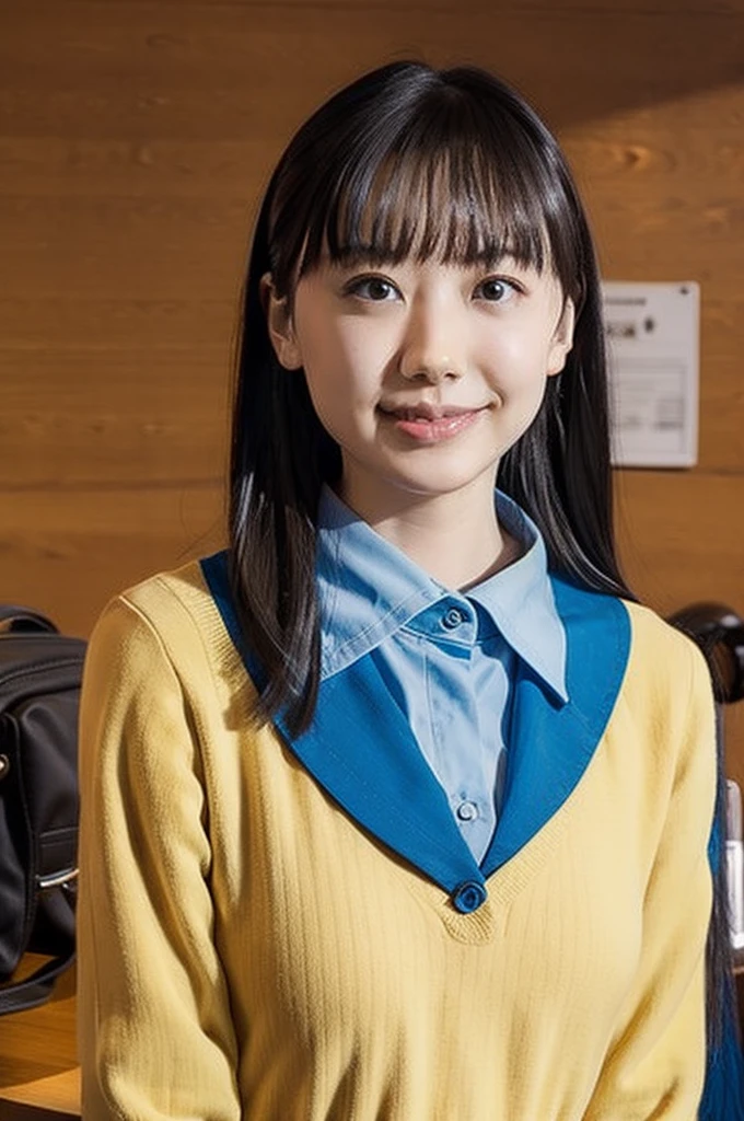 slender girl, (make up:1.1), (ニットセーター:1.2), middle breasts, at school room, (upper body shot:1.1), round face