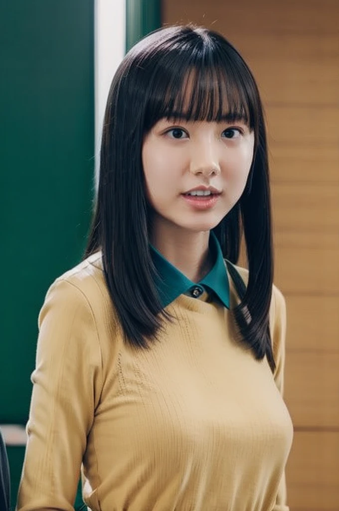 upper body, (Surreal Realism), (Awareness-raising), (High resolution), (8k), (Very detailed), (The best Awareness-raisingns), (Beautiful fine details), (highest quality), (Super detailed), (masterpiece), (wallpaper), (Detailed face)、(Beautiful expression)、Side bangs、solo、((Baby Face))、(((topless)))、 (((small tits))), (((flat breast)))、((Dark blue pleated skirt))(Black knee-high socks:1.2)、Slender body、Seductive Pose:1.4、Looking into the camera、School classroom、((Place your hands on the desk))、((A look that captivates the audience:1.3))