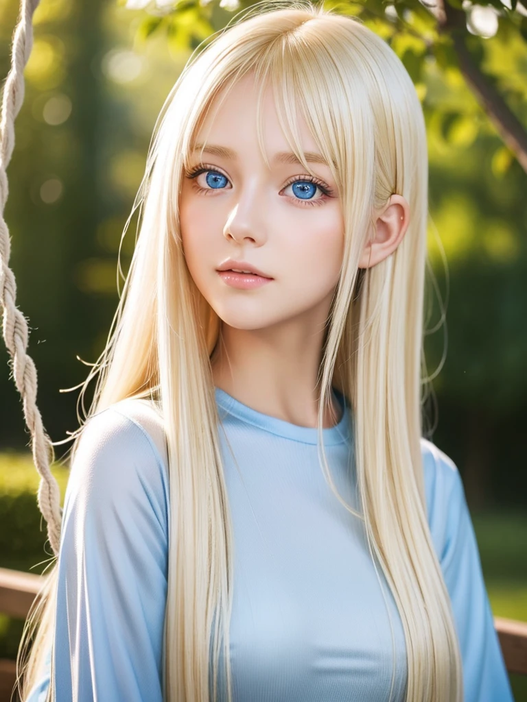 beautiful Scandinavian girl with beautiful bright blonde hair.、セクシーでとてもbeautiful輝くかわいい顔、Beautiful, glowing skin、Mysterious blonde light reflecting dazzlingly、beautiful, Cute and sexy, Large, shining, pale, light blue eyes、Very big eyes、beautiful super long shiny silky blonde hair、Swing your bangs in front of your eyes、セクシーな16歳のかわいいbeautiful女の子、blonde hair above eyes、片blonde hair above eyes、Blonde hair between the eyes、Cheek highlight、Small Face Beauty