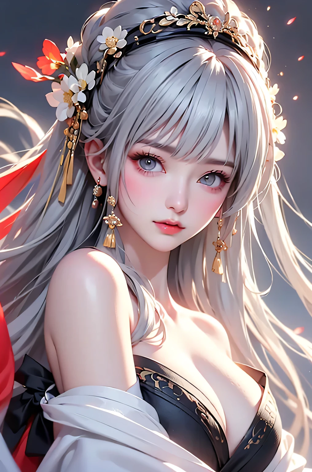 super high quality, masterpiece, Perfect illustration, Very detailed、8k wallpaper, Very detailed (Exquisite light and shadow, Very dramatic photo,Backlight) , ((Gray Hair:1.5))1 Girl, alone, (Wearing classic Hanfu, Royalty、Black and red Hanfu,Thick fabric,Long sleeve) Flower Field, Flowers, (White smoke:1.3) (Realistic:1.4), (Dynamic Angle: 1.4), Glowing Skin, (Floating colorful flashes: 1) The most beautiful chaotic shapes, elegant, Brutalist Design, Bright colors, Romantic Depth of Field Exotic_dance, half_naked、((Off the shoulder、Medium Chest、Beautiful cleavage、Touching lips))