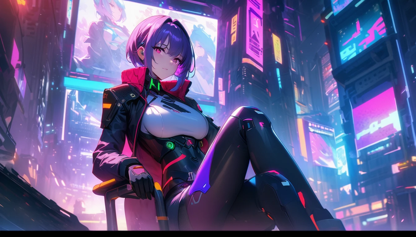 masterpiece, best quality, highres, lu1, cyborg, multicolored hair, makeup, bare shoulders, black leotard, highleg leotard, (thong:1.1), white jacket, open jacket, belt, shorts, lucy \(cyberpunk\) sitting in a city at night,holding, holding cigarette, anime cyberpunk art, digital cyberpunk - anime art, seductive anime girl art, female cyberpunk anime girl, looking at the viewer,  city,full moon, night