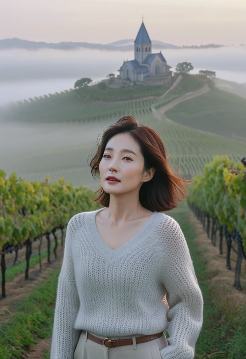 8k best picture quality, Beautiful 36-year-old Korean woman, short and nice weather. Chest size 34 inches, 이탈리아 시골의 thick fog at dawn, past the vineyard, The cathedral is visible in the fog in the distance., The back background is realistic and vivid quality., Short and medium hair blowing in the wind, Wearing a luxurious luxury knit. casual pants, a faint smile. the background is clear, Short and slim Korean woman, stand far away, Photo taken with a wide-angle lens, thick fog at dawn