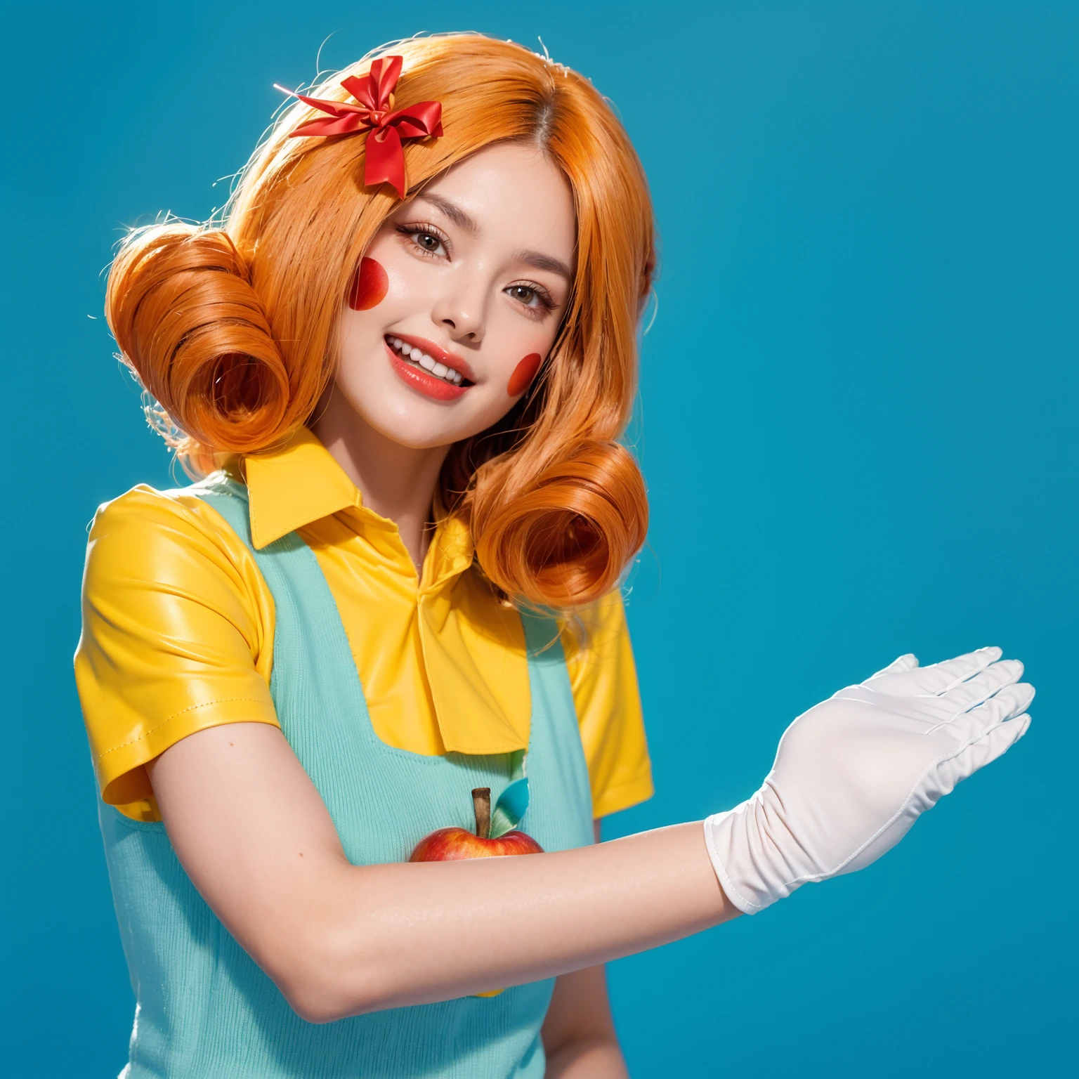 This vibrant image features a young woman styled in a captivating and colorful costume, reminiscent of a cheerful and animated character. Her hair is a bright orange, fashioned into bouncy, voluminous curls and accented with a red bow, enhancing her lively expression. She wears a playful combination of a yellow blouse under a light blue pinafore adorned with a simple red apple design, evoking a classic storybook aesthetic. Her makeup includes prominent red blush on her cheeks, contributing to her animated and joyous appearance. She also wears white gloves, adding an element of elegance and cartoon-like charm to her ensemble. The bright blue background complements her vivid attire and cheerful demeanor, creating a cohesive and eye-catching visual. This portrayal captures the essence of a character full of life, joy, and a touch of whimsy. 3d model, multiple light sources, rim light, sharp post broken glass magic ball of turquoise color with fragments lying nearby frame above from above on a white background effects render, (glossy plastic texture with multiple big light probe refractions), perfect cgi, smooth silhouette, high intensity refraction, (super glossy plastic material), most beautiful vfx, , realistic, 4k, high resolution, rim light, smooth 3d model, multiple light sources, rim light, sharp post effects render,, realistic, 4k, high resolution, rim light detailed digital art, reflective, best quality, 4k, masterpiece:1.2, ultra-detailed, realistic, vivid colors, The image of the highest quality, ensuring every detail showcased perfectly. It in 4k resolution, allowing viewers to immerse themselves in the richness of the colors and intricate details. The realistic rendering. under the spotlight, reflecting, high-resolution image, realistic rendering