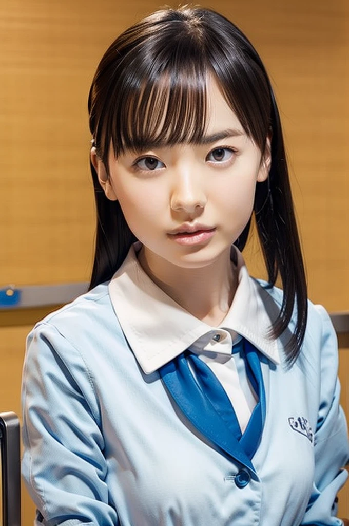 slender girl, (make up:1.1), (ニットセーター:1.2), middle breasts, at school room, (upper body shot:1.1), round face