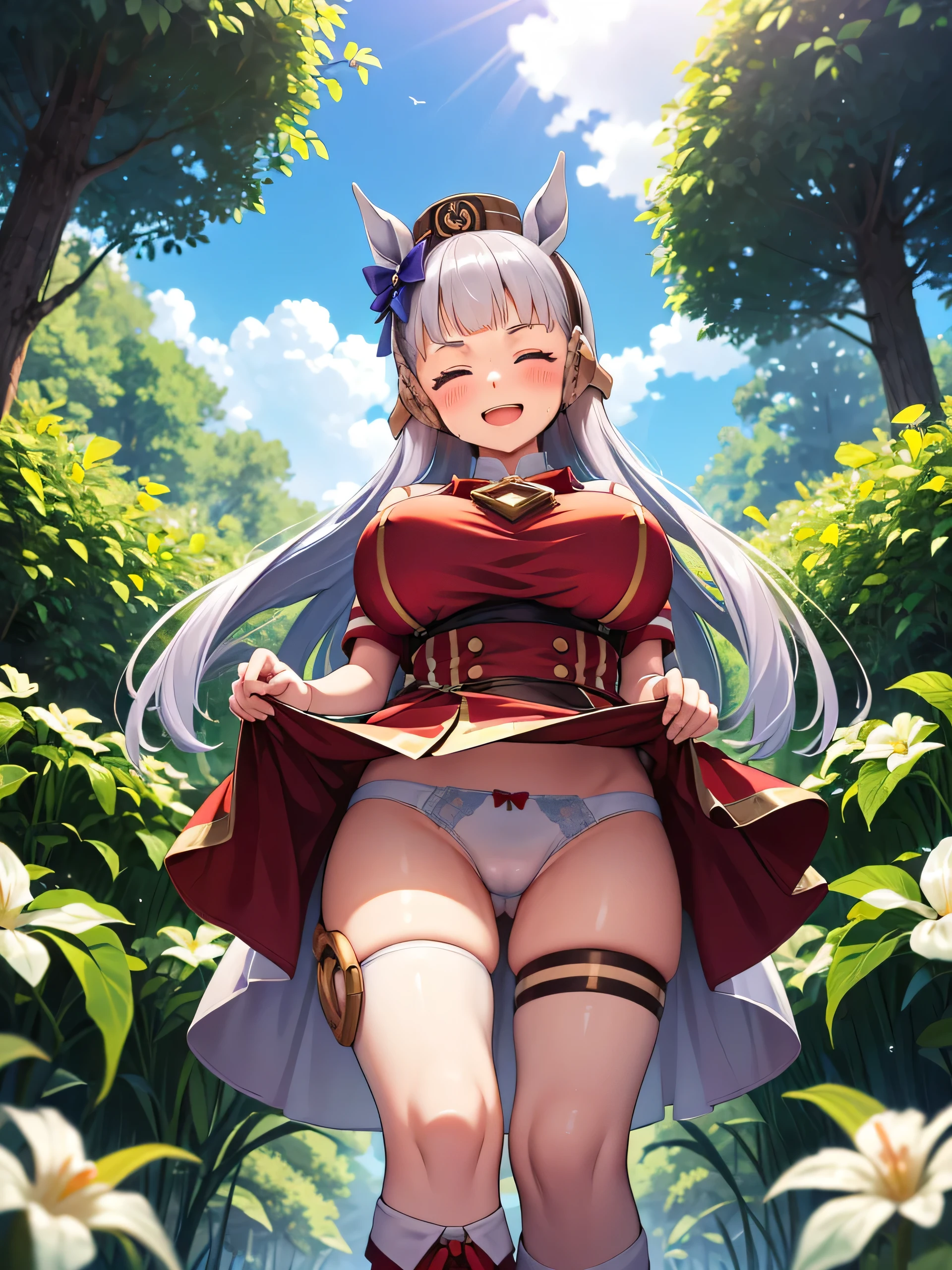 (masterpiece, Highest quality:1.2), alone, One girl, 幼いchildのゴールドシップ, pillbox hat,clothes、one piece、Knee-high socks、Horse tail,、grassland、Nature、blush、(Huge breasts:1.4)、Transparent clothes、Clothes are see-through、、Kindergarteners、、6 、、の小さな体、From below、Clothes get wet、Nipples are visible、Close your eyes and laugh、smile、Stand with your knees bent、Bow-legged、Flashy underwear、is see-through、Skirt lift、Dripping a lot of thick white love juice、kick