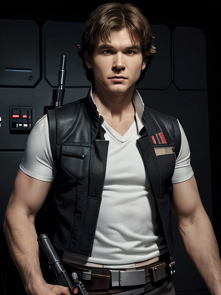 Masterpiece,man, (han solo8, Star Wars, wearing a black vest,(( a white short-sleeved shirt)), and is holding a gun.