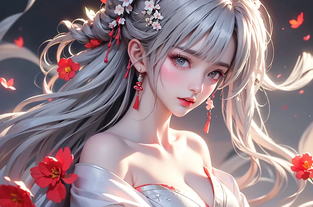 super high quality, masterpiece, Perfect illustration, Very detailed、8k wallpaper, Very detailed (Exquisite light and shadow, Very dramatic photo,Backlight) , ((Gray Hair:1.5))1 Girl, alone, (Wearing classic Hanfu, Royalty、Black and red Hanfu,Thick fabric,Long sleeve) Flower Field, Flowers, (White smoke:1.3) (Realistic:1.4), (Dynamic Angle: 1.4), Glowing Skin, (Floating colorful flashes: 1) The most beautiful chaotic shapes, elegant, Brutalist Design, Bright colors, Romantic Depth of Field Exotic_dance, half_naked、((Off the shoulder、Medium Chest、Beautiful cleavage、Touching lips))