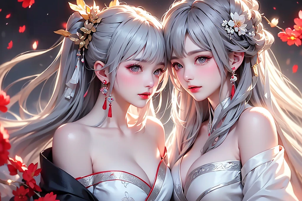 super high quality, masterpiece, Perfect illustration, Very detailed、8k wallpaper, Very detailed (Exquisite light and shadow, Very dramatic photo,Backlight) , ((Gray Hair:1.5))1 Girl, alone, (Wearing classic Hanfu, Royalty、Black and red Hanfu,Thick fabric,Long sleeve) Flower Field, Flowers, (White smoke:1.3) (Realistic:1.4), (Dynamic Angle: 1.4), Glowing Skin, (Floating colorful flashes: 1) The most beautiful chaotic shapes, elegant, Brutalist Design, Bright colors, Romantic Depth of Field Exotic_dance, half_naked、((Off the shoulder、Medium Chest、Beautiful cleavage、Touching lips))