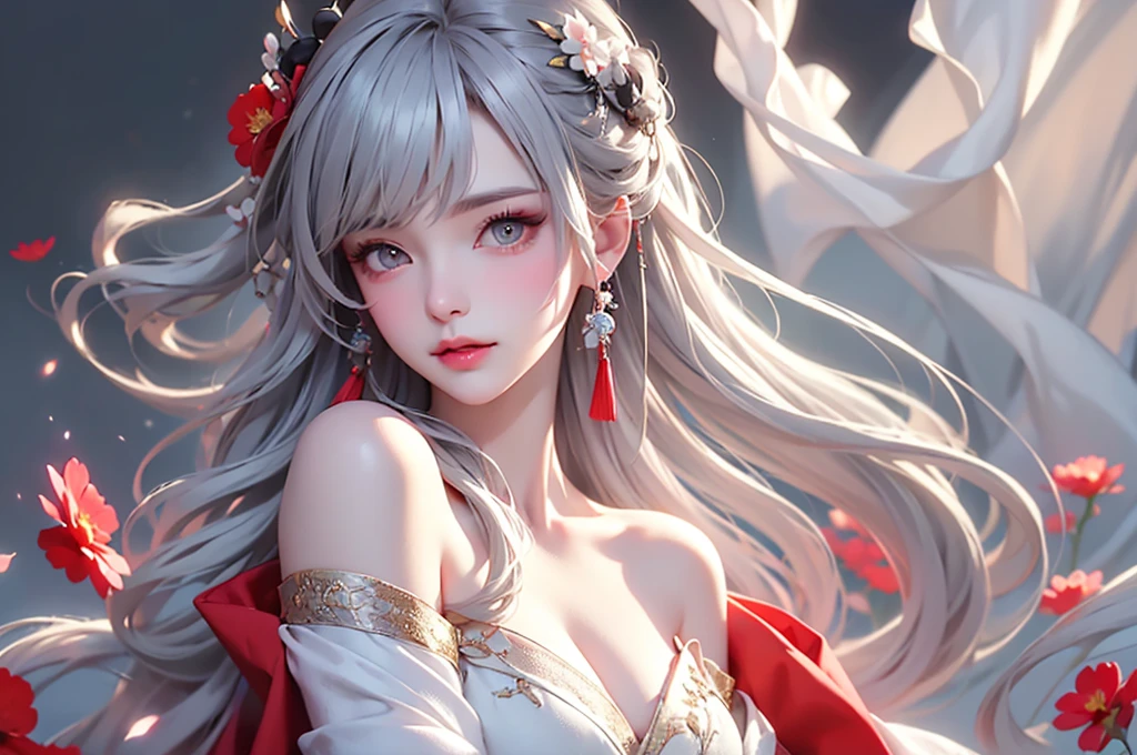 super high quality, masterpiece, Perfect illustration, Very detailed、8k wallpaper, Very detailed (Exquisite light and shadow, Very dramatic photo,Backlight) , ((Gray Hair:1.5))1 Girl, alone, (Wearing classic Hanfu, Royalty、Black and red Hanfu,Thick fabric,Long sleeve) Flower Field, Flowers, (White smoke:1.3) (Realistic:1.4), (Dynamic Angle: 1.4), Glowing Skin, (Floating colorful flashes: 1) The most beautiful chaotic shapes, elegant, Brutalist Design, Bright colors, Romantic Depth of Field Exotic_dance, half_naked、((Off the shoulder、Medium Chest、Beautiful cleavage、Touching lips))
