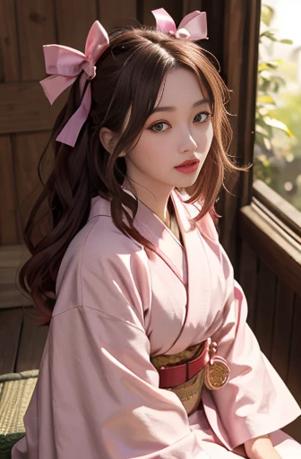 Masterpiece, Best quality, high resolution, venus1,1girll, Solo, Tsuko Kamodo, Bamboo, Brown hair, (((Pink ribbon)) ，Long hair, Looking at the audience, Pink eyes, Pink kimono, Pink ribbon, Solo,