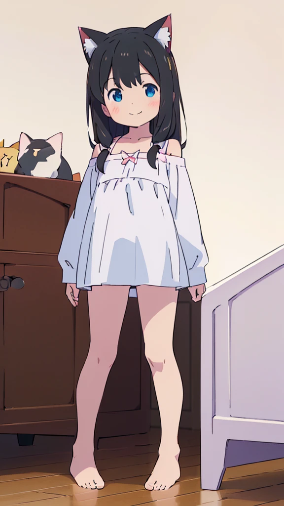 ((masterpiece))((Highest quality))Cat ear、girl、smile、blush、Flat Chest、Are thin、、low length、Black Hair、Leg-length hair、Embarrassed、Are standing、Whole body image、Even your toes are visible、Eye level on face、front、No background、mayonnaise、真frontのアングル